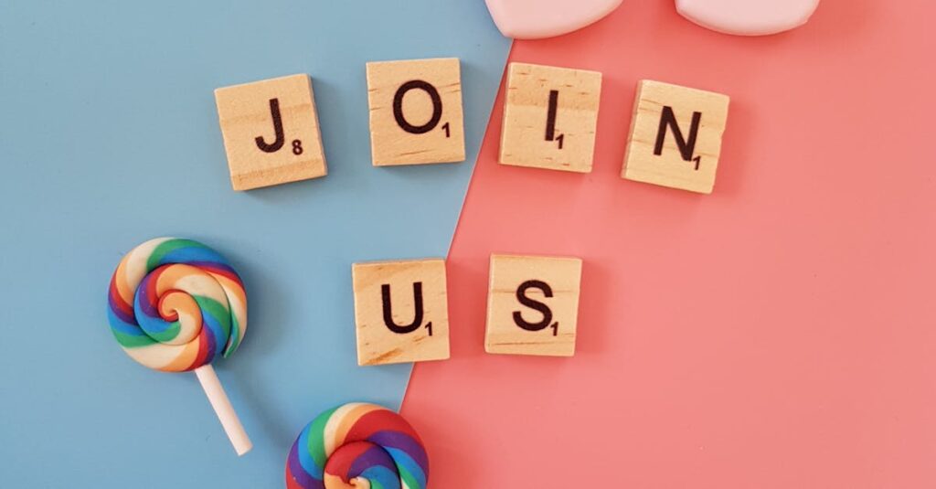 Bright 'Join Us' call-to-action with colorful lollipops and hearts on a pastel background.